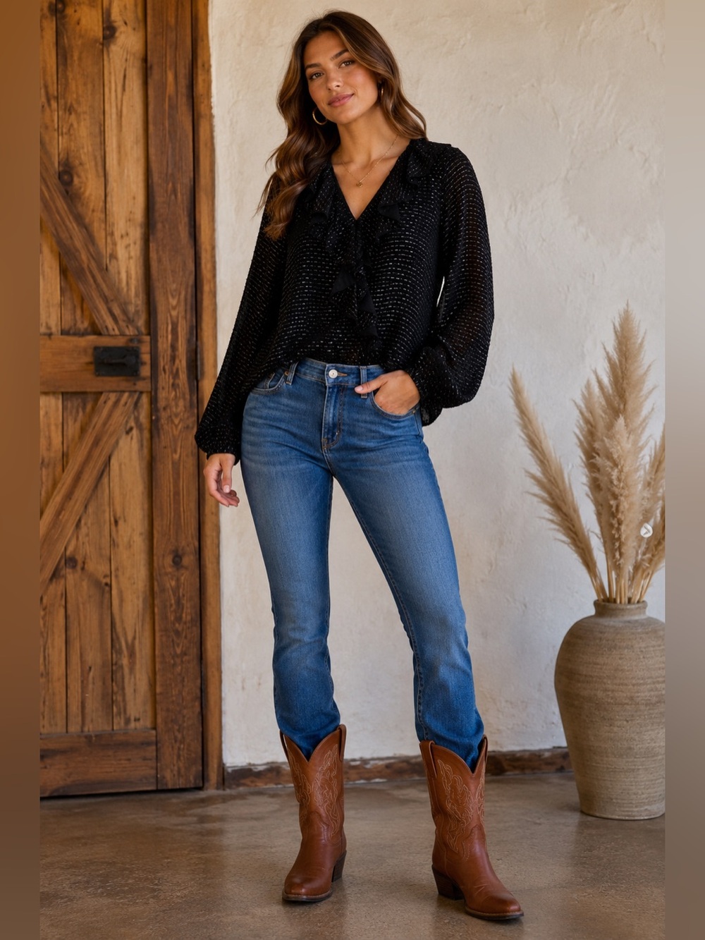Nanette Lepore Black Ruffle V-Neck Blouse